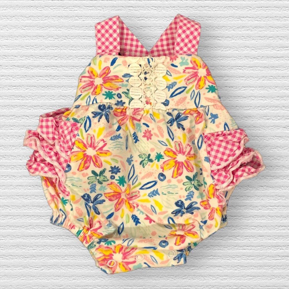 Ricrac & Ruffles 0-3 Pink Gingham Checked Bright Floral Bubble Romper